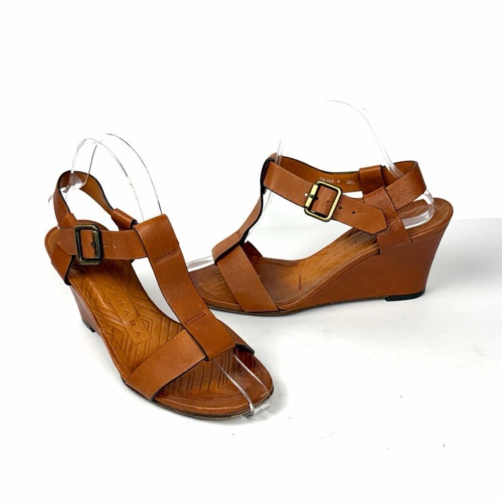 CHIE MIHARA Wedge High Heels Sandals  Cognac Leather T-strap size 36,5 US 6,5